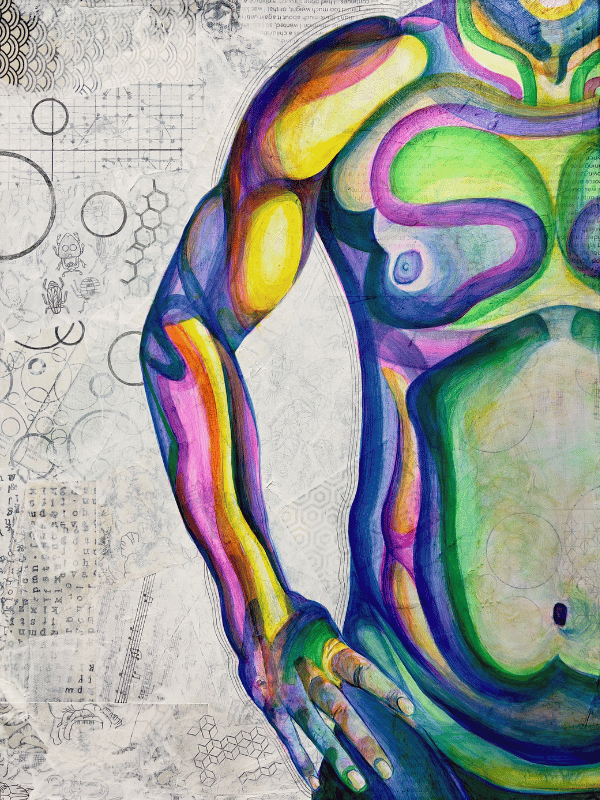 Abstract figure painting of male model standing with his hand on his hip by local Calgary artist Mary-Jo Lough