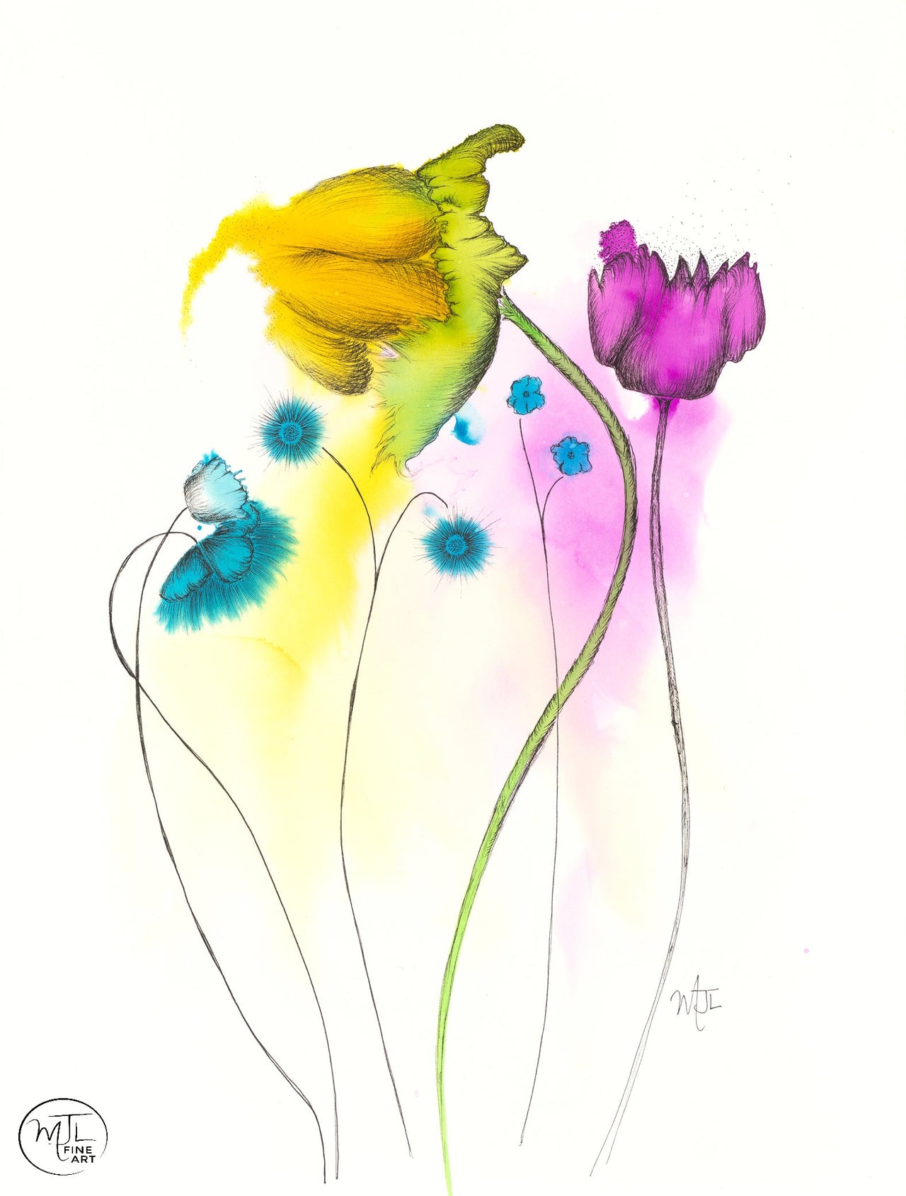 basking a variety of flowers in vibrant watercolor original art with ink sketch overlay prints