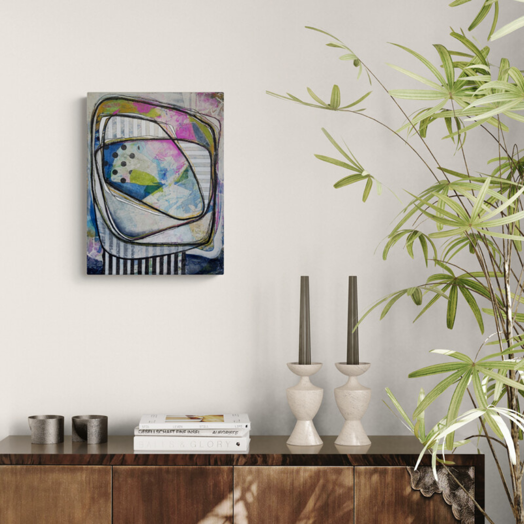 ALL THAT HOLDS by Mary-Jo Lough, 12x16 inch abstract acrylic painting with bold colors and textures.