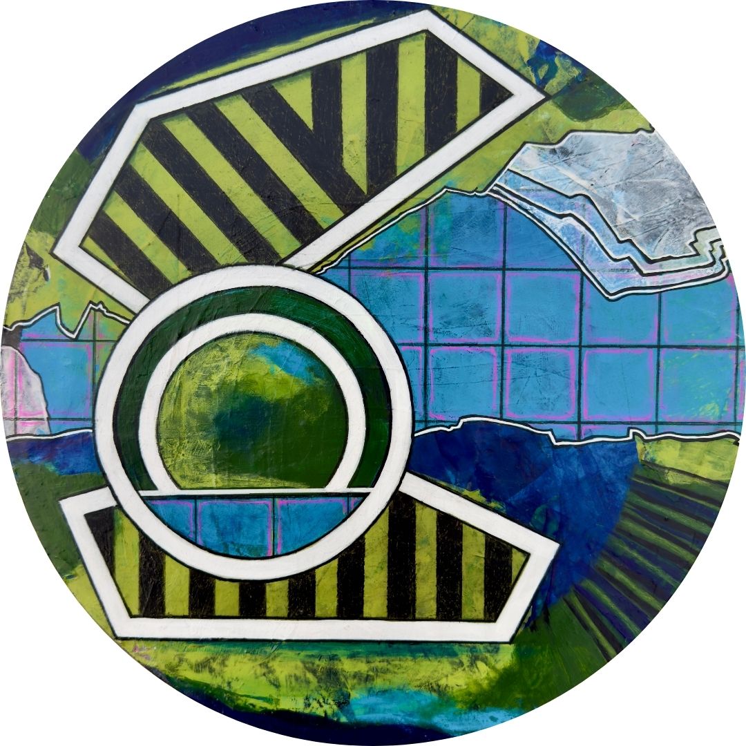 A 12-inch maple tondo painting titled Dynamic Framework featuring sharp geometric shapes and layered textures that depict the balance between structure and movement, embodying flexibility and stability.