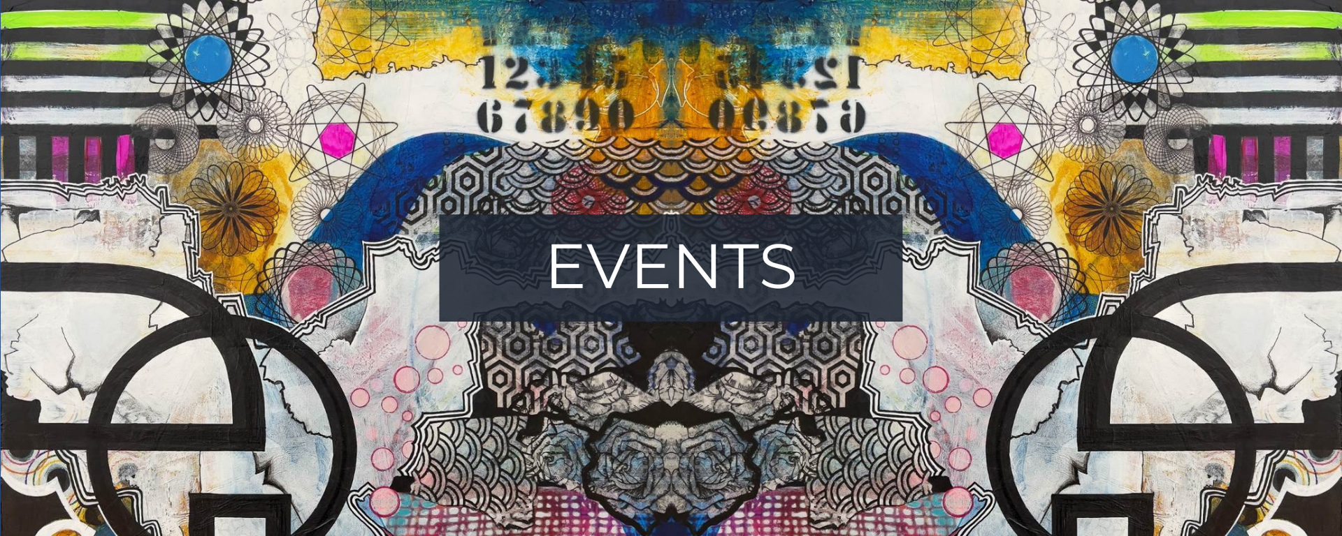 Events banner with abstract original art by local Calgary artist Mary-Jo Lough