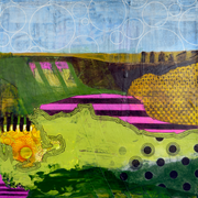 Green Hills and Ham by Mary-Jo Lough, 12" x 12" abstract landscape with layered, vibrant greens and playful circles, evoking joy and whimsy.