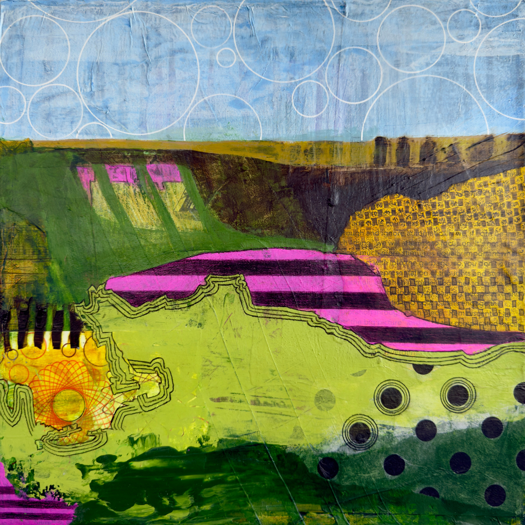 Green Hills and Ham by Mary-Jo Lough, 12" x 12" abstract landscape with layered, vibrant greens and playful circles, evoking joy and whimsy.