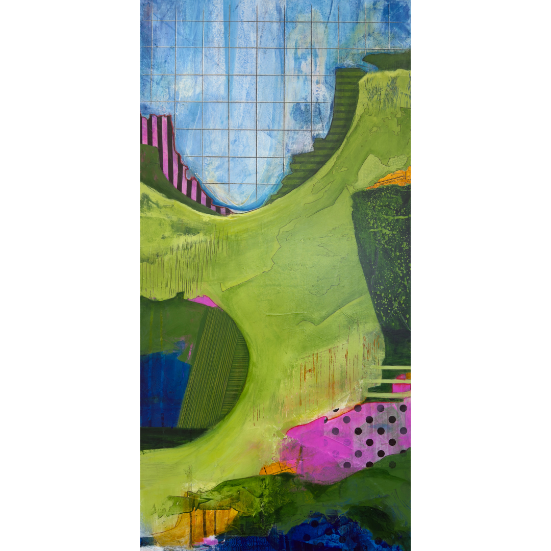 Horton Hears a Who by Mary-Jo Lough, 18" x 36" abstract artwork with layered details in swirling greens and patterned sections, evoking a journey of imagination and chaos.