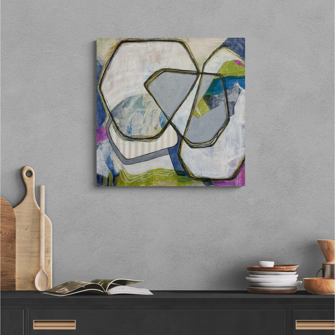 IN THIS PLACE by Mary-Jo Lough, 24x24 inch abstract acrylic painting with rich textures and vibrant colors hung in a modern kitchen.