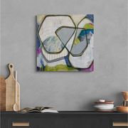 IN THIS PLACE by Mary-Jo Lough, 24x24 inch abstract acrylic painting with rich textures and vibrant colors hung in a modern kitchen.