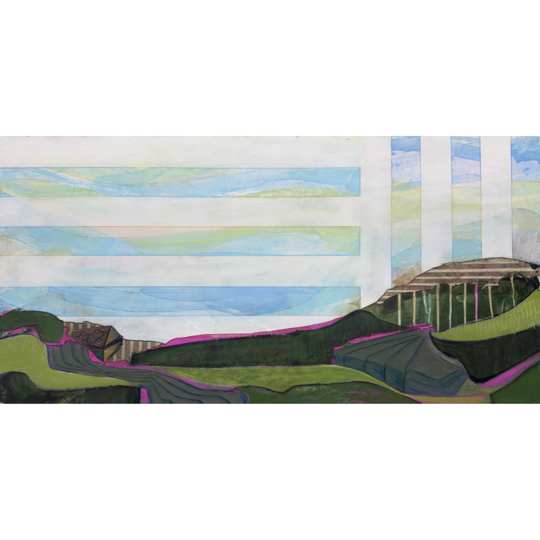 Oh, The Places You’ll Go by Mary-Jo Lough, 36" x 18" abstract artwork with layered hills and geometric sky, evoking a sense of adventure and possibility.
