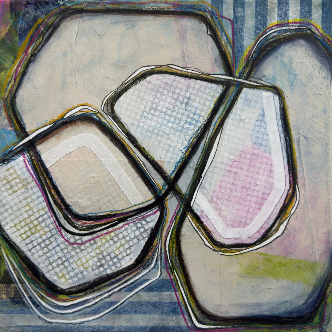 Abstract art piece with geometric shapes and textured patterns