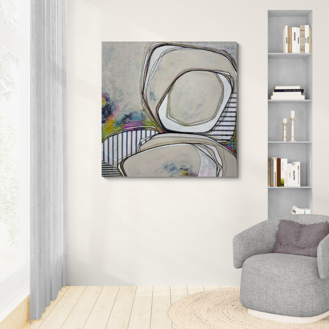 THROUGH LINES by Mary-Jo Lough, abstract acrylic painting on canvas featuring vibrant colors and dynamic lines featured in a modern room, 48x48 inches.