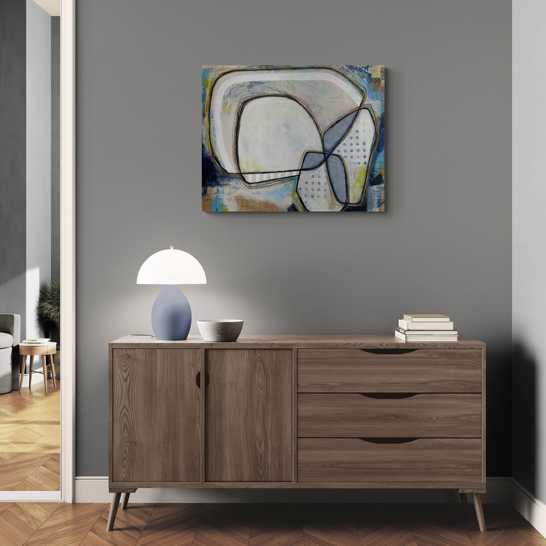 UNFOLDING PATH by Mary-Jo Lough, 30x24 inch abstract acrylic painting with vibrant colors and dynamic lines hung in a modern room.