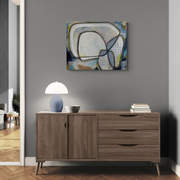 UNFOLDING PATH by Mary-Jo Lough, 30x24 inch abstract acrylic painting with vibrant colors and dynamic lines hung in a modern room.