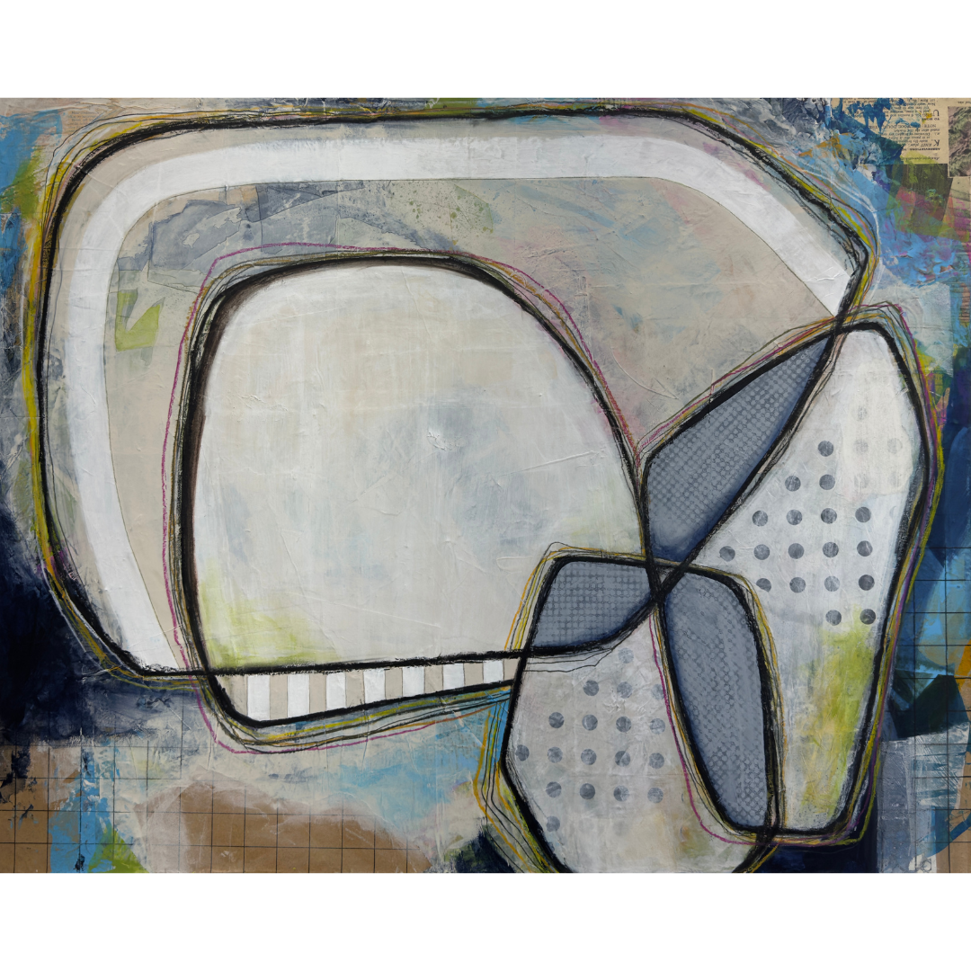 UNFOLDING PATH by Mary-Jo Lough, 30x24 inch abstract acrylic painting with vibrant colors and dynamic lines.