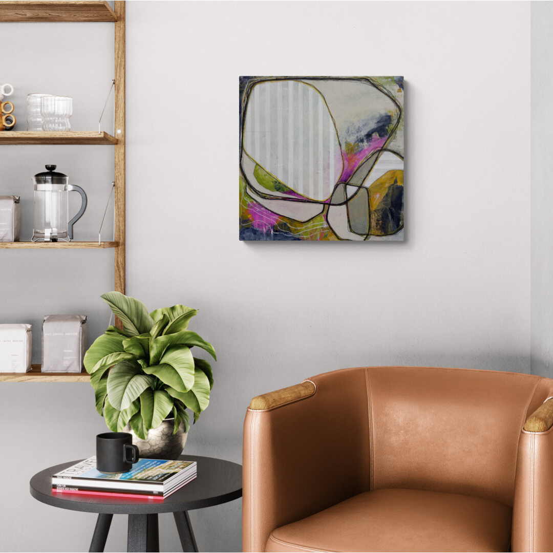 WHERE I LAND by Mary-Jo Lough, 20x20 inch abstract acrylic painting with vibrant colors and textured details.