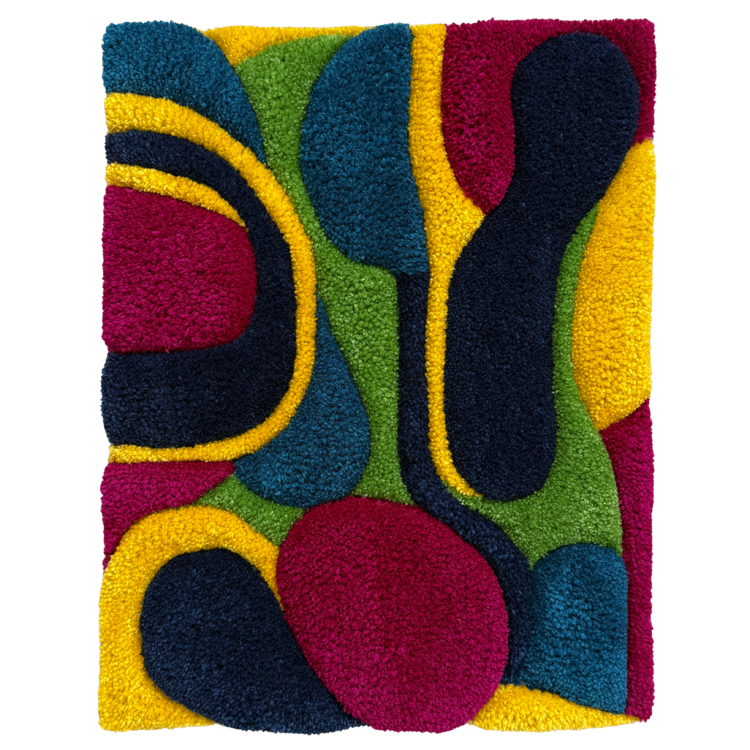 Lava Lamp by Mary-Jo Lough, a vibrant wall rug made from acrylic and wool, carved for depth, with flowing abstract forms inspired by a lava lamp.