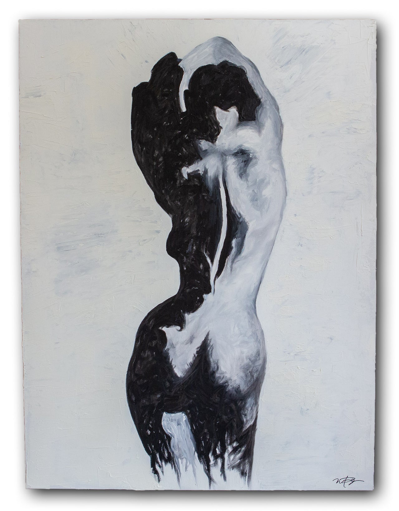 Black and white figure painting by local Calgary artist Mary-Jo Lough.  The models back is to the viewer with both of her hands above her head.