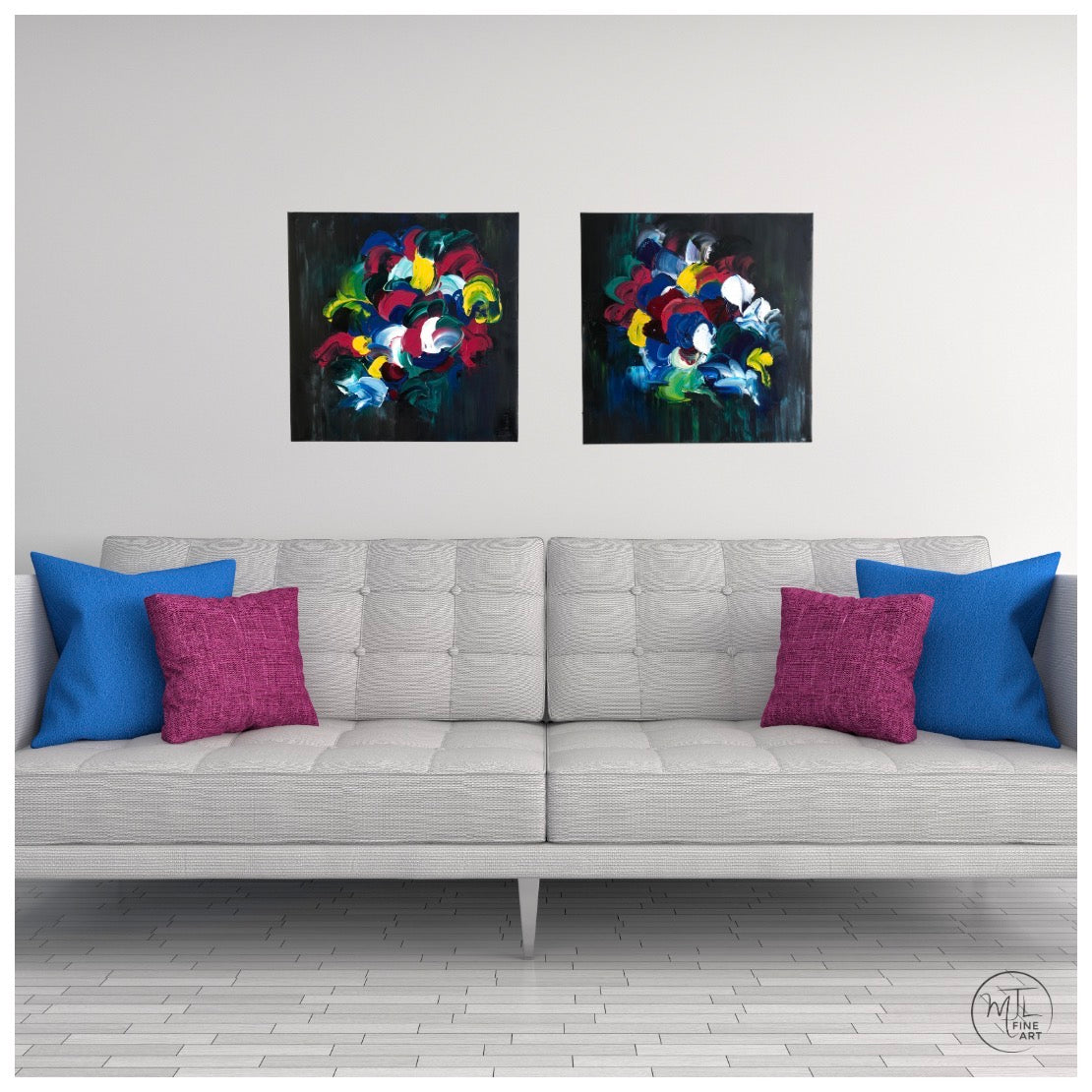 commission of two 20" x 20" oil on canvas paintings with dark background and jewel tones abstract flowers in the center