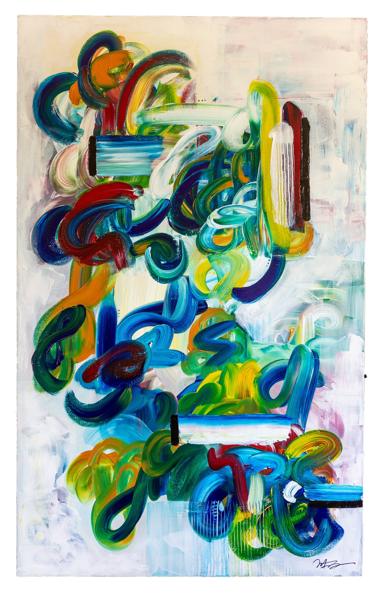 All Tied Up by Mary-Jo Lough, 30" x 48" abstract artwork featuring vibrant colors and texture that depict a swiftly moving mind.