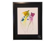 framed version of basking a variety of flowers in vibrant watercolor original art with ink sketch overlay prints