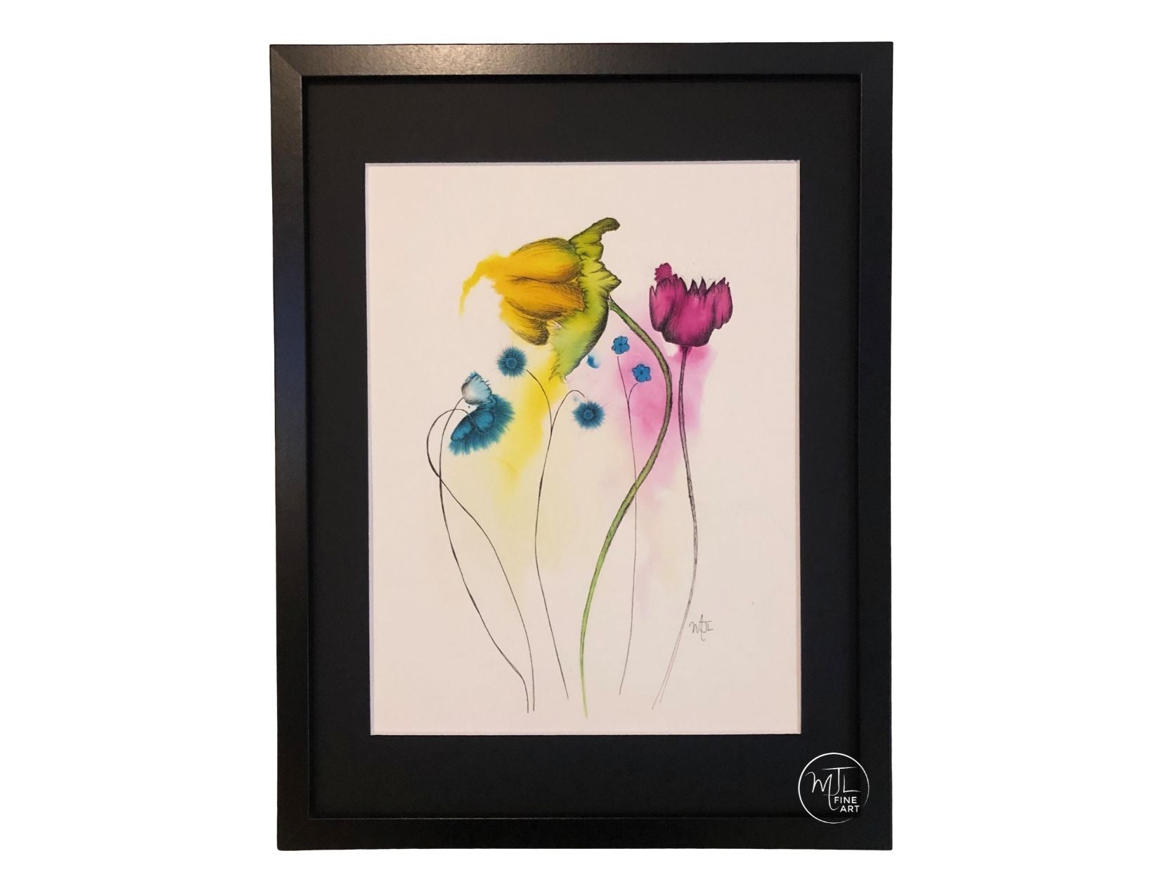 framed version of basking a variety of flowers in vibrant watercolor original art with ink sketch overlay prints