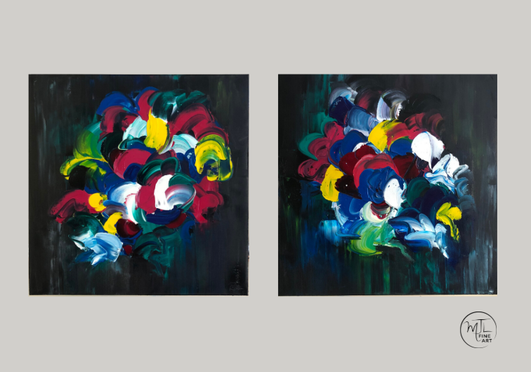 commission of two 20" x 20" oil on canvas paintings with dark background and jewel tones abstract flowers in the center