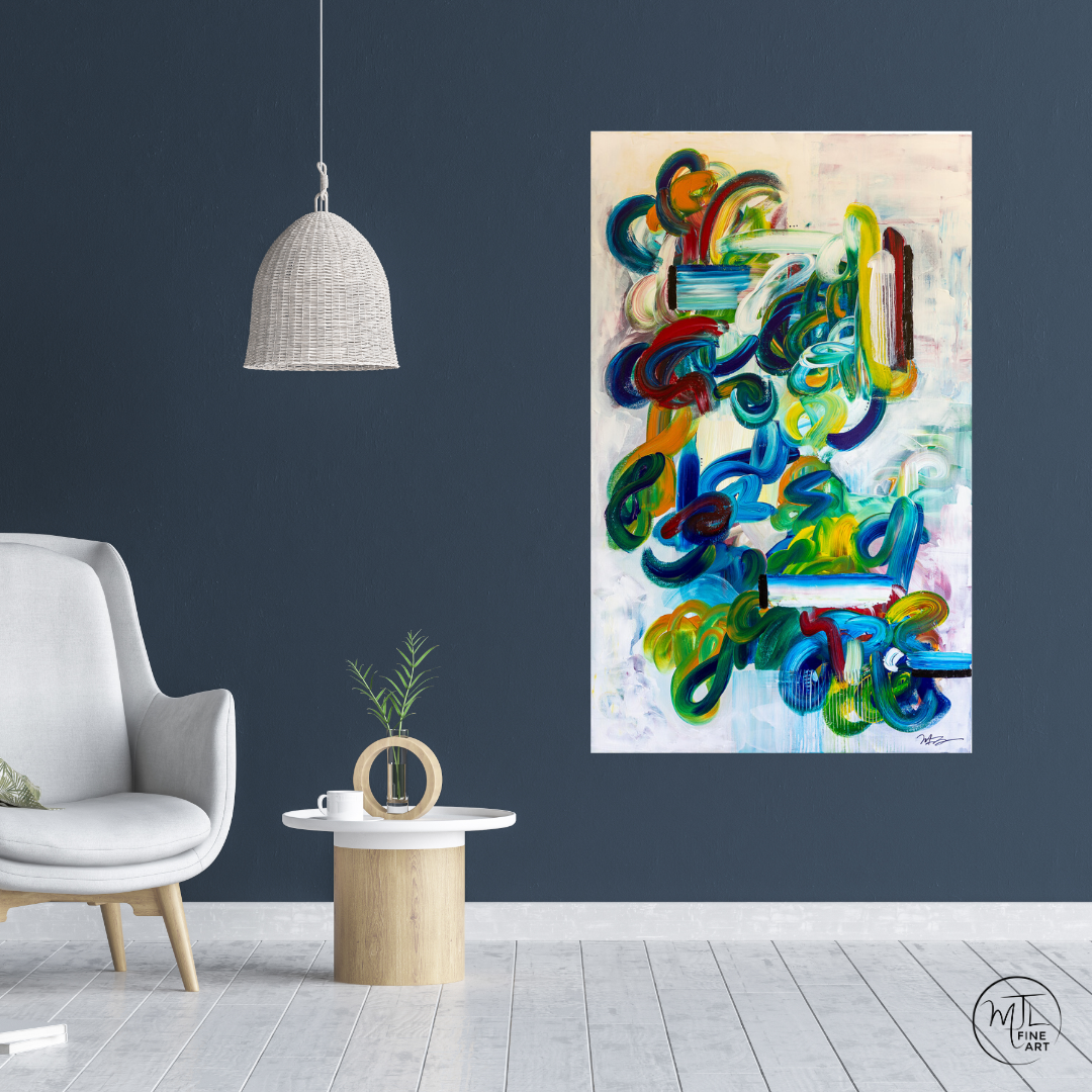 room scene of original abstract painting on wall with chair and lamp