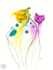 basking a variety of flowers in vibrant watercolor original art with ink sketch overlay prints